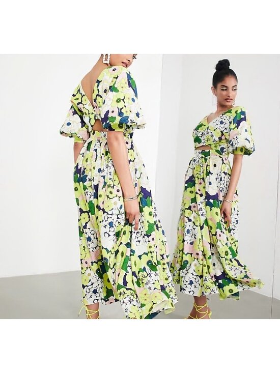 ASOS Dresses & Skirts - ASOS Designs Wrap Front Linen Midi Dress With Blouson Sleeve Floral NWT Size 12